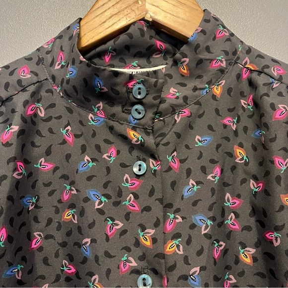 Vintage 70s mock neck secretary blouse abstract flower fruit print - Picture 4 of 10